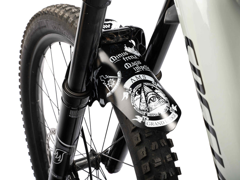 AMS Mud Guard Opus Magna design on a mtb front fork back side view