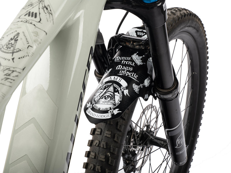 AMS Mud Guard Opus Magna design on a mtb front fork